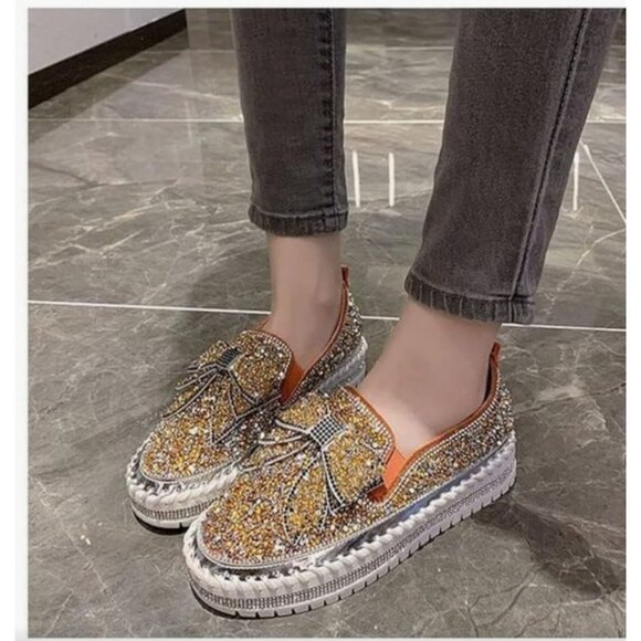 Womens 8.5/39 Rhinestone Bow Platform Sneakers Glitter Walking Slip-On Loafers - Picture 2 of 15